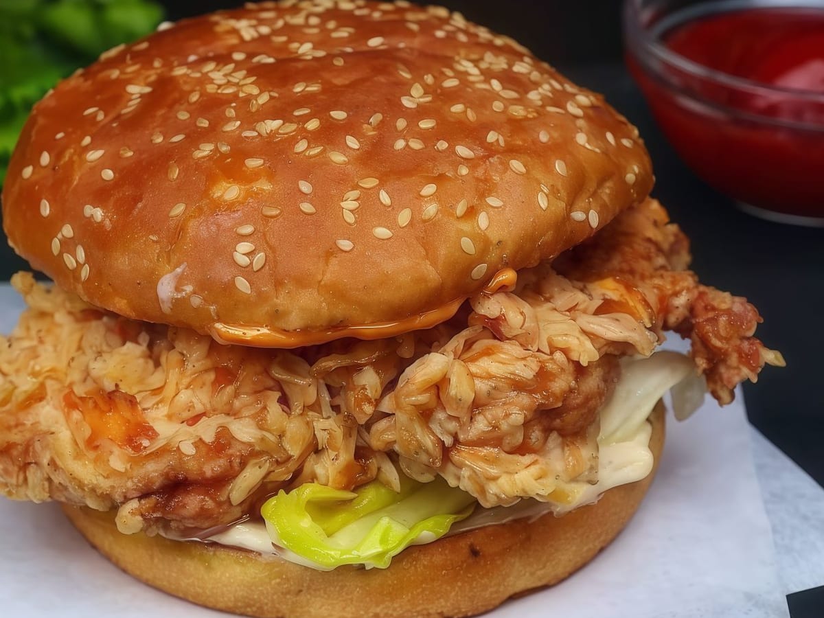 برجر زنجر دجاج — قطعة دجاج مقلية مشهية مع مايونيز منزلي وجبن على الوجه | Cock "N" Bull, Sharjah