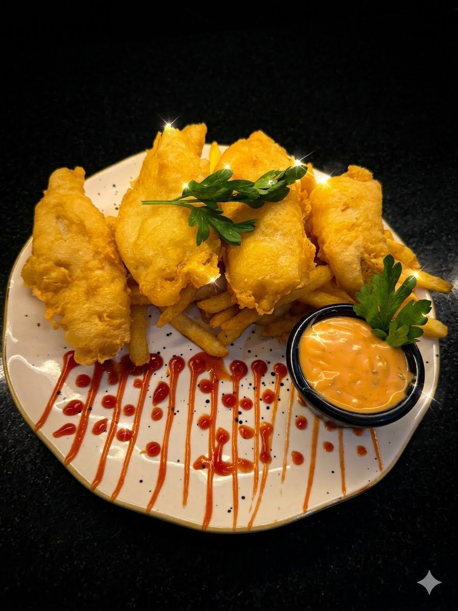 سمك وبطاطس at Cock "N" Bull. سمك مقلي مقرمش يقدم مع بطاطس سي إن بي الخاصة لوجبة كلاسيكية ومُرضية Pakistani restaurant in Al Majarra, Sharjah, UAE