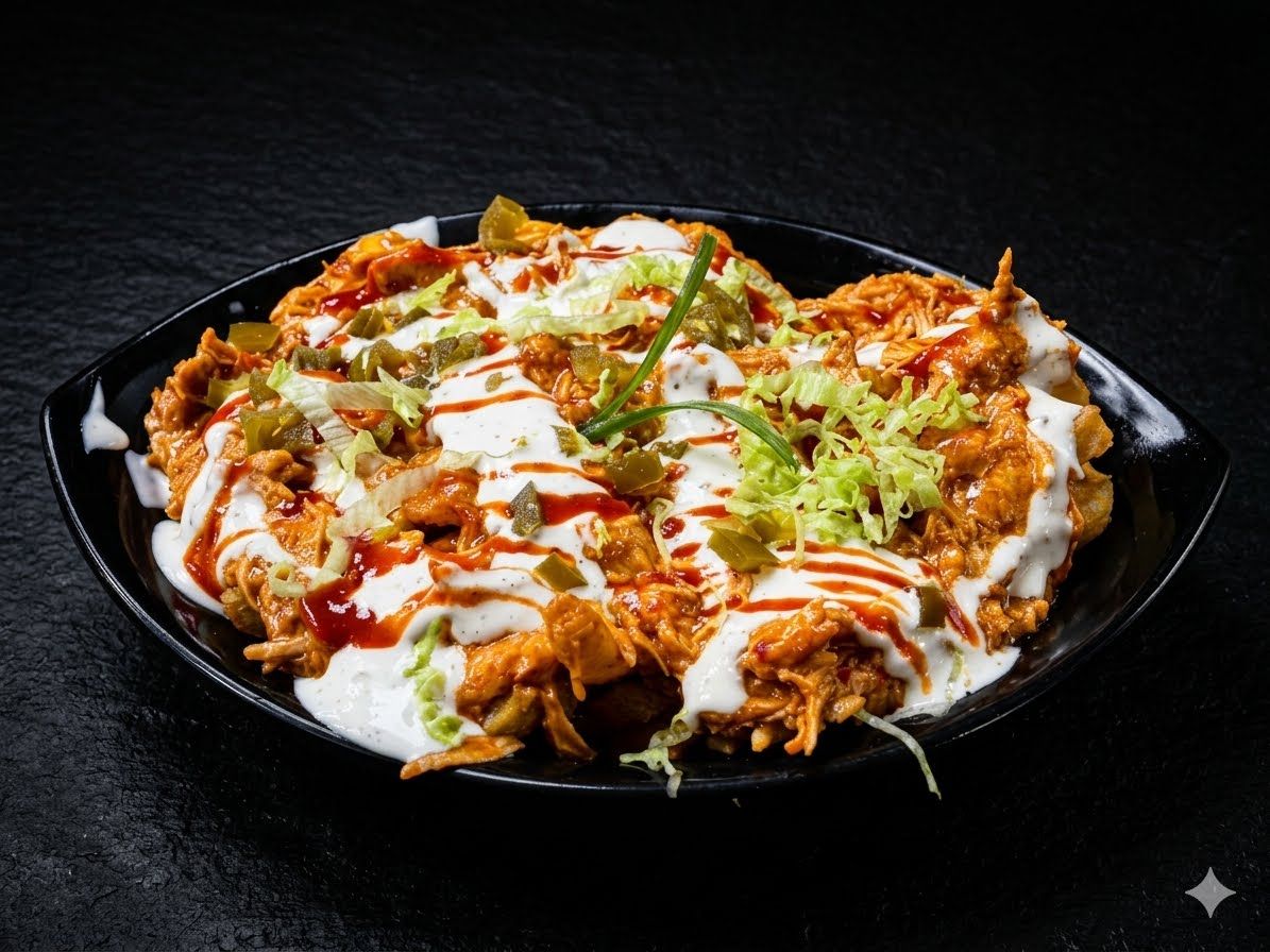 بطاطس محملة at Cock "N" Bull. بطاطس محملة بالجبن الذائب والدجاج المقرمش والصلصات المميزة Pakistani restaurant in Al Majarra, Sharjah, UAE