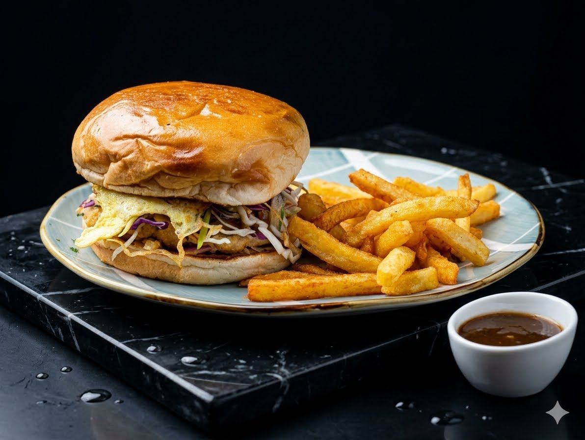 بن كباب خاص at Cock "N" Bull. قطعة دجاج وعدس شهيرة من الشارع مع بيضة وصلصة الشارع الخاصة، تقدم مع الكولسلو وبطاطس سي إن بي. إتقان مطلق! Pakistani restaurant in Al Majarra, Sharjah, UAE