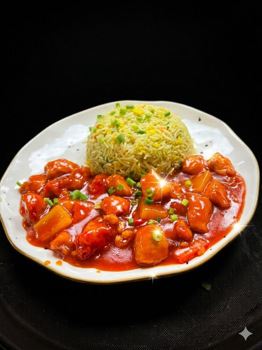 دجاج حلو وحامض at Cock "N" Bull. قطع دجاج طرية مُغطاة بصلصة حلوة لاذعة، توازن مثالي من النكهات Pakistani restaurant in Al Majarra, Sharjah, UAE
