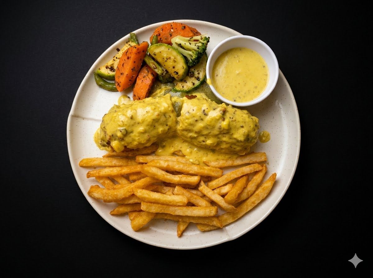 دجاج سويس بولو at Cock "N" Bull. صدر دجاج محشو بجبن الموزاريلا والشيدر والسبانخ واللوز، يقدم مع صلصة سويس بولو الكريمية وبطاطس سي إن بي Pakistani restaurant in Al Majarra, Sharjah, UAE
