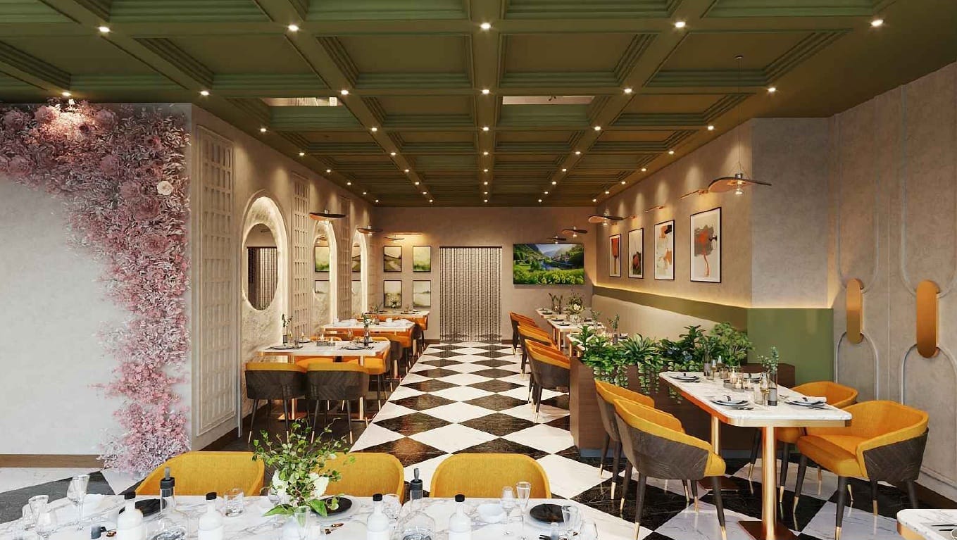 Cock "N" Bull Dubai branch interior render: green coffered ceiling, checkered marble floor, mustard velvet chairs and arched art-filled walls