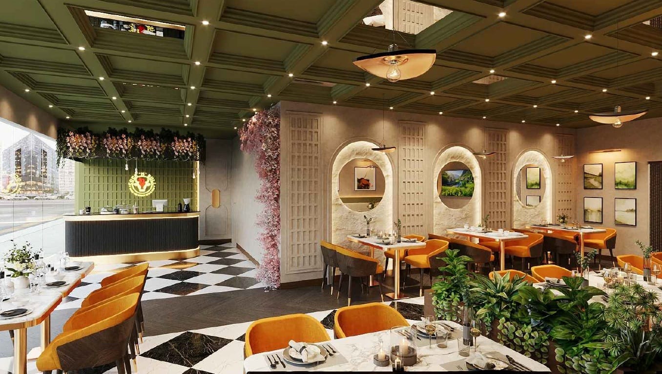 Cock "N" Bull Dubai branch host counter render: green coffered ceiling, brand neon logo, marble dining tables and floral feature wall
